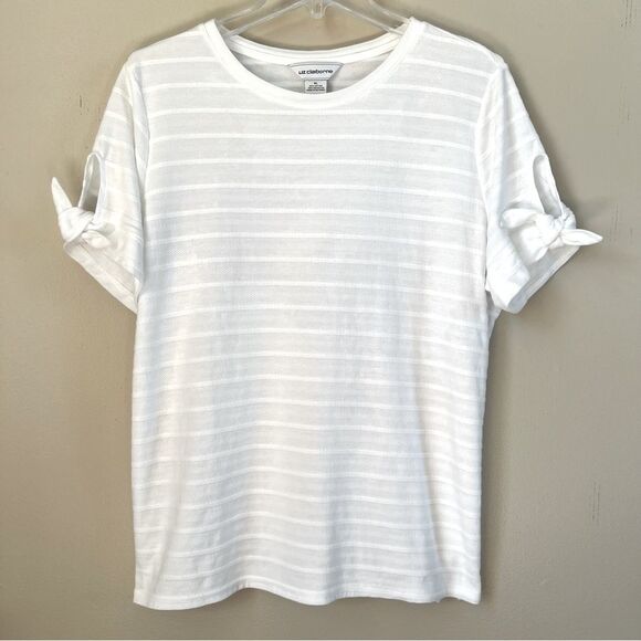 Liz Claiborne Crisp White Cotton Tie Sleeve Ribbed Blouse Top Size Large - Picture 1 of 14